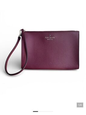 Kate Spade Burgundy Saffiano Leather Wristlet Pouch – Zip Clutch with Strap
